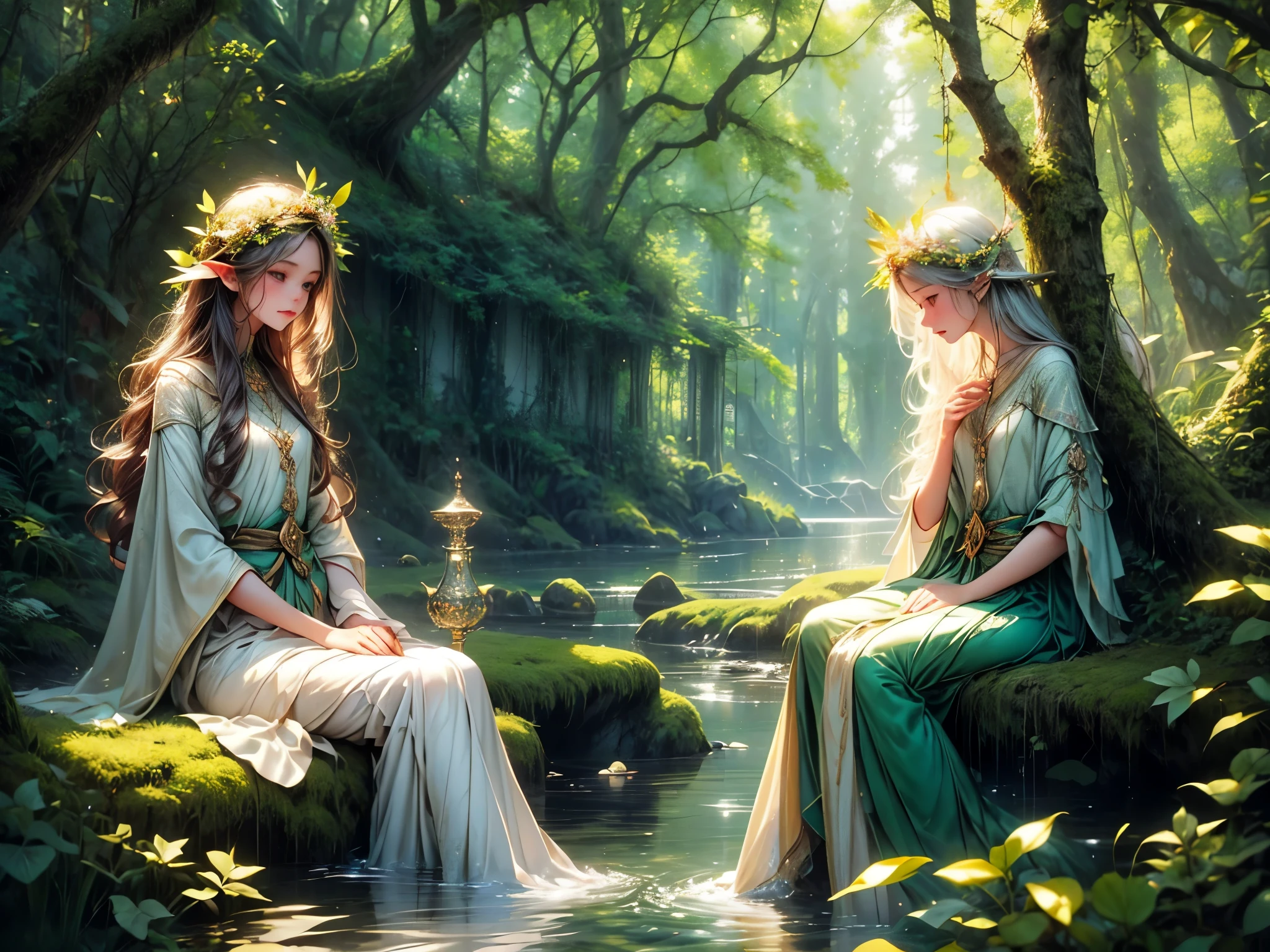 elf portraits,12yo,elf girls sitting by the lake,drink water,(best quality,4k,8k,highres,masterpiece:1.2),ultra-detailed,(realistic,photorealistic,photo-realistic:1.37),oil painting,fantasy,green foliage,sunlight filtering through trees,dappled light on the girls' skin,sparkling water,ethereal atmosphere,magical ambience,fine brush strokes,vibrant colors,emerald green and turquoise,hint of gold,soft lighting,peaceful expressions,innocent smiles,cascading hair,pointed ears,fairy-like wings,twinkling eyes,freshwater lake reflection,serene surroundings,tranquil silence,harmonious composition,subtle movement in the water,reflection of the girls in the water,delicate ripples,whispering whispers of nature,moss-covered rocks,soft breeze,gentle sounds of nature,subtle presence of other mythical creatures,hidden among the trees,blending with the forest,feeling of enchantment,little details on the girls' clothing,delicate embroidery,flower crowns,tranquility and beauty combined,immersive experience.