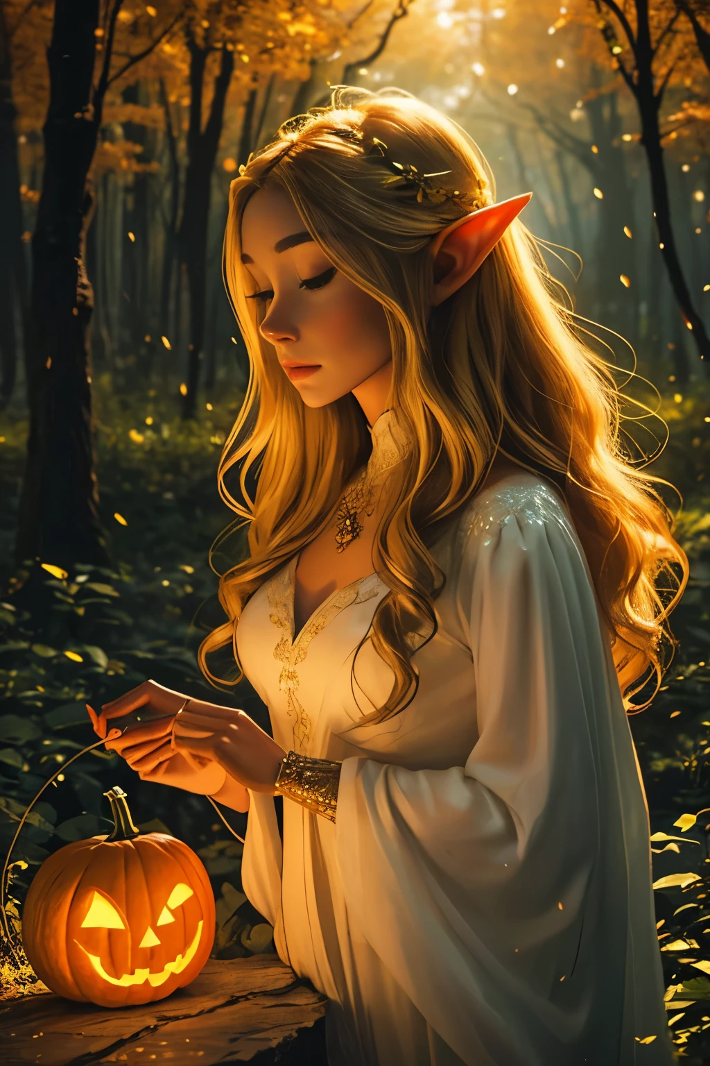 beautiful detailed elf,holding a pumpkin lantern,elegant posture,golden hair flowing in the wind,forest background,magical atmosphere,fairy tale feeling,vibrant colors,soft lighting,enchanted forest,ethereal beauty,portrait,mythical creature,magic,autumn theme,whimsical,glowing eyes,fantasy art,impressive details,mystical,sparkling,delicate features,luminous pumpkin,dreamlike,pure and graceful,enchanted garden,feminine power,mesmerizing,airy and light,imagination and wonder,serene expression,enchanting,ethereal glow