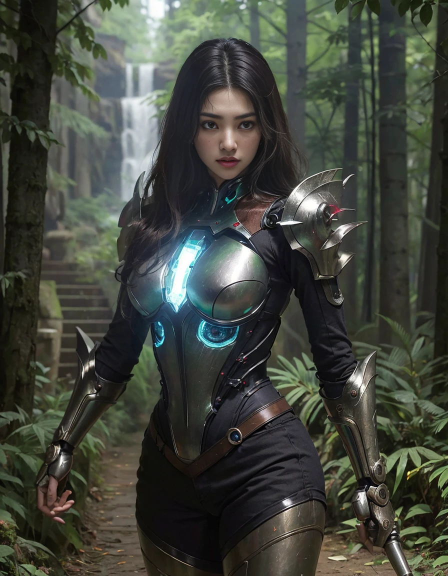 (1 Mechanical Girl)、top-quality、​masterpiece、超A high resolution、(Photorealsitic:1.4)、Raw photo、女の子1人、Fight mutants、glowy skin、(((1 Mechanical Girl)))、With a beautiful knife、（Green Metal Bodysuit）、(Fight goblings、ogre、Fierce battle with orcight fiercely against alienight fiercely、(beautiful forest background)、(Fighting Demonic Beasts)、(Small LED)、((super realistic details))、portlarong giant demon beast background),globalillumination、Shadow、octan render、8K、ultrasharp、Colossal 、Raw skin  exposed in cleavage、metals、Details of complex ornaments、Japan details、highly intricate detail、Realistic light、(Mystical expression),CGSoation Trendlue eyes、radiant eyeacing the camera、neon detailechanical limblood vessels connected to tubeechanical vertebrae attached to the back、mechanical cervical attaching to neck、(Wires and cables connecting to the head)、Gundam、Small LED、,Mechanical thighs、Toostock、（Hands are also made of machines）、（Attack of the Monster Beasts）、（Wounded in a deadly battle）、