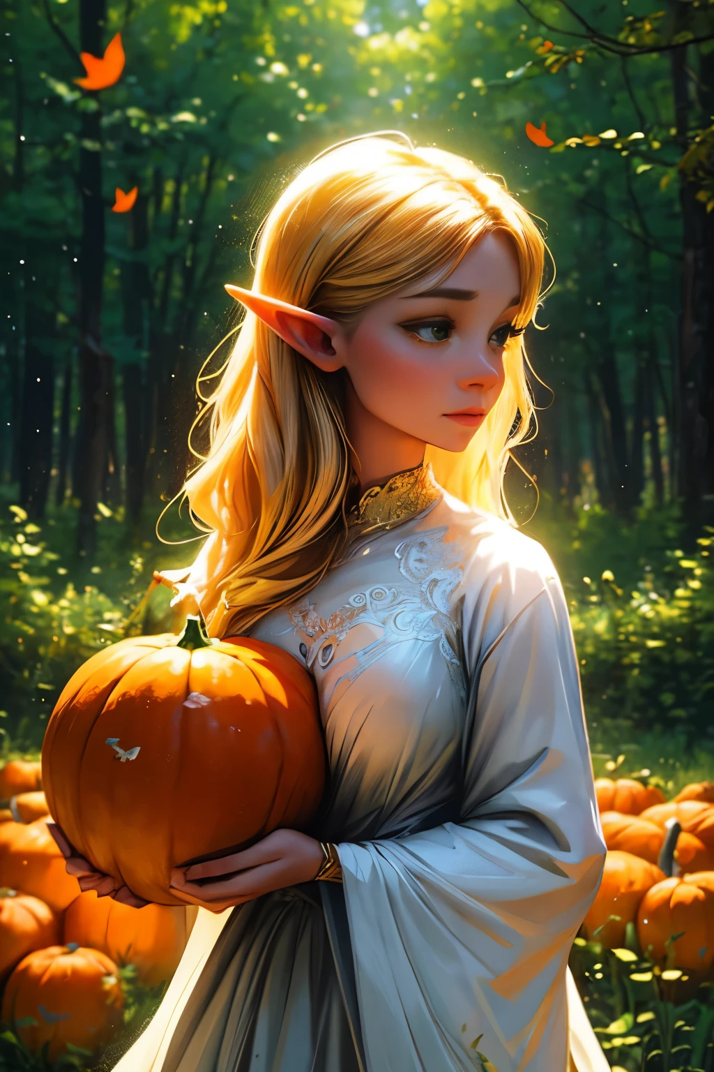 beautiful detailed elf,holding a pumpkin lantern,elegant posture,golden hair flowing in the wind,forest background,magical atmosphere,fairy tale feeling,vibrant colors,soft lighting,enchanted forest,ethereal beauty,portrait,mythical creature,magic,autumn theme,whimsical,glowing eyes,fantasy art,impressive details,mystical,sparkling,delicate features,luminous pumpkin,dreamlike,pure and graceful,enchanted garden,feminine power,mesmerizing,airy and light,imagination and wonder,serene expression,enchanting,ethereal glow