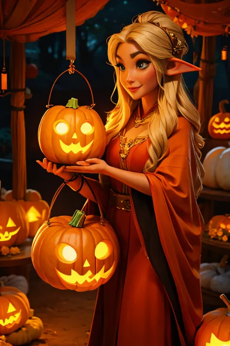 beautiful elf holding a pumpkin lantern