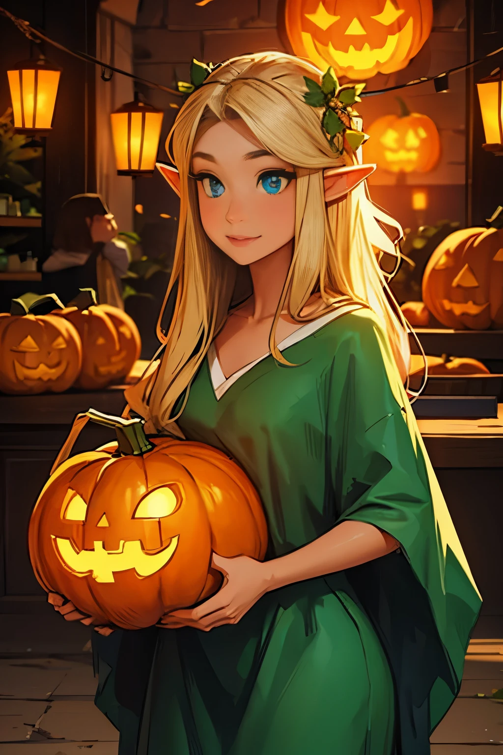 Beautiful elf holding a pumpkin lantern