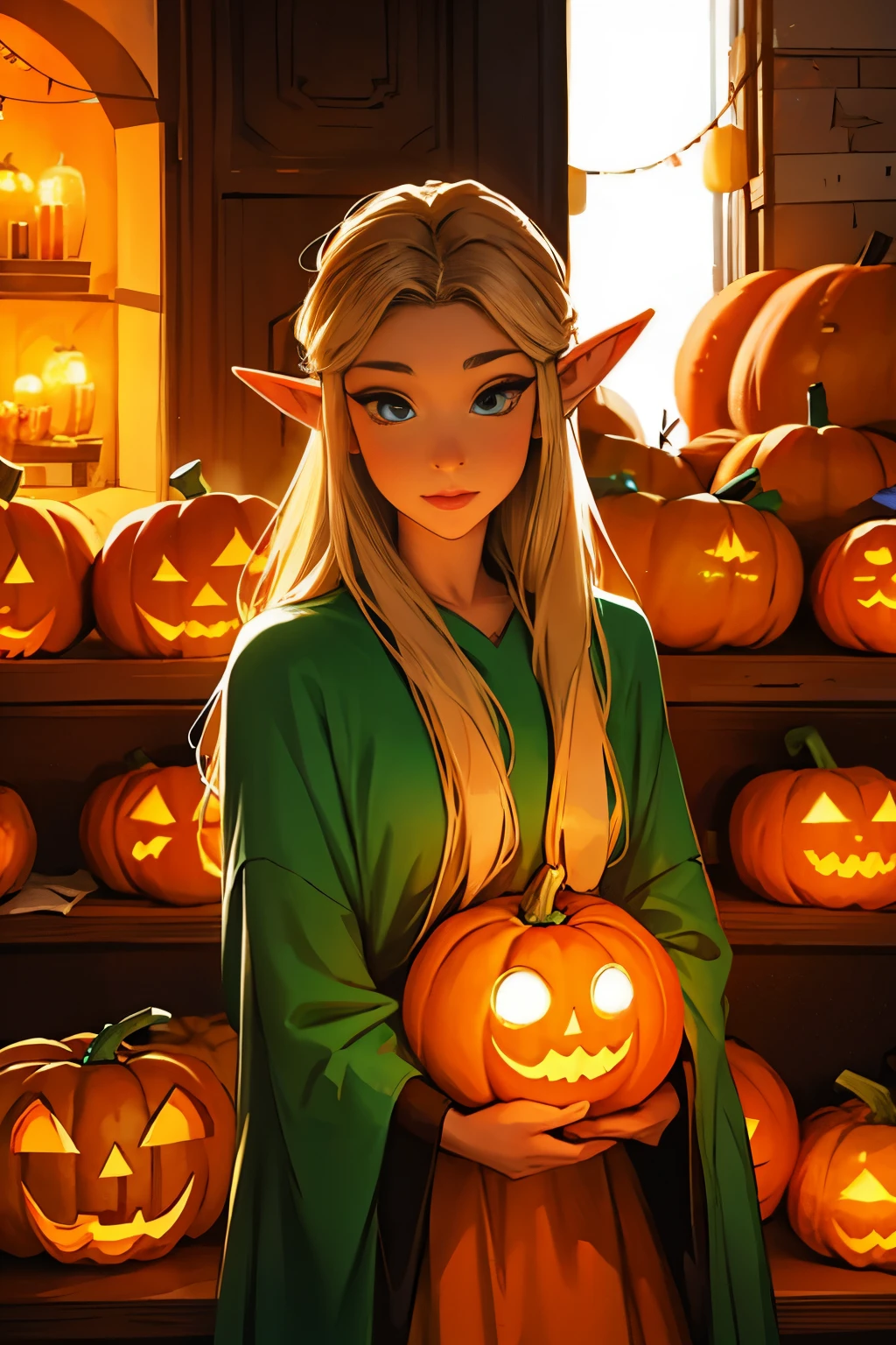 Beautiful elf holding a pumpkin lantern