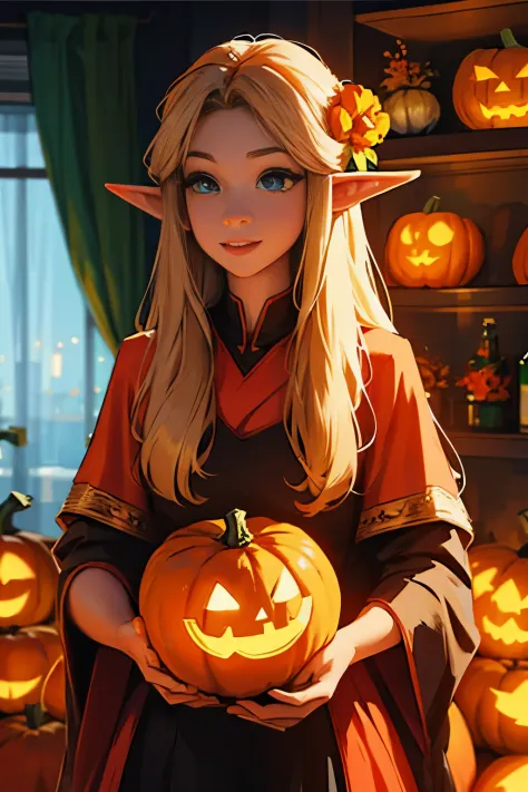 Beautiful elf holding a pumpkin lantern