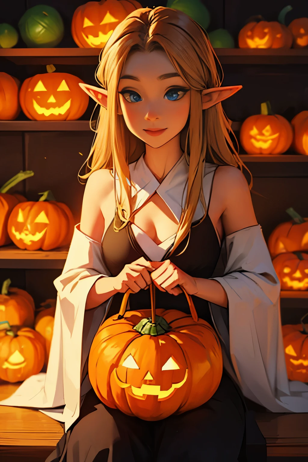 Beautiful elf holding a pumpkin lantern