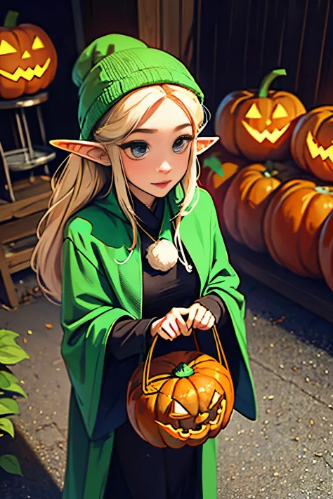 beautiful elf holding a pumpkin lantern