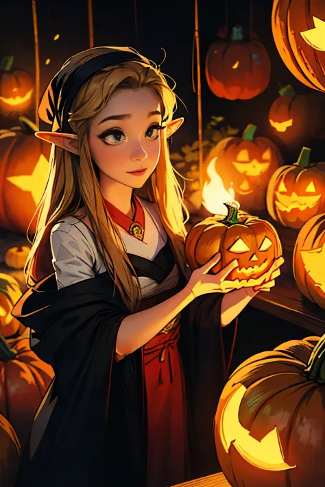 beautiful elf holding a pumpkin lantern