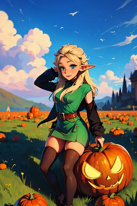 beautiful elf holding a pumpkin lantern