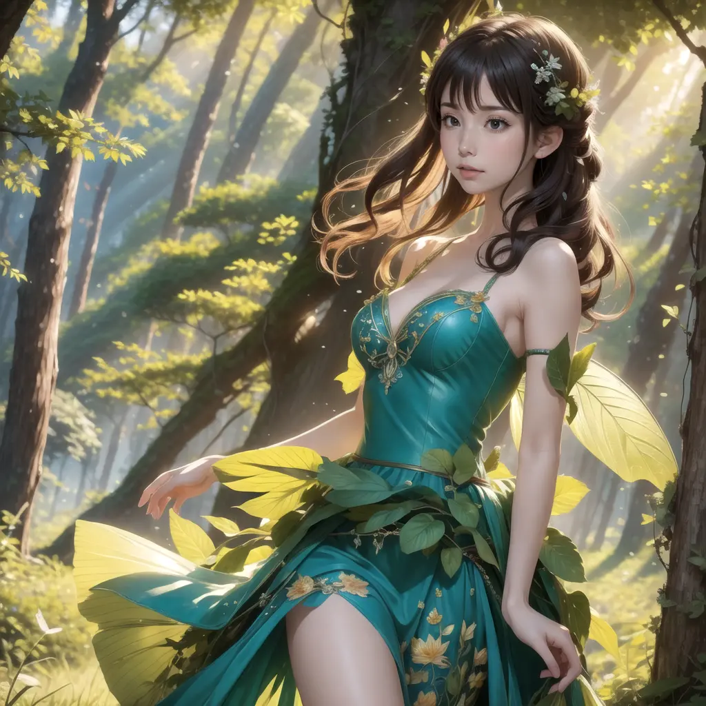 In a forest, a little fairy floats in the air, wearing fluttering clothes. She has a radiant smile as she dances in the wind. Th...