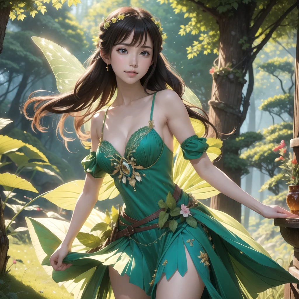 In a forest, a little fairy floats in the air, wearing fluttering clothes. She has a radiant smile as she dances in the wind. The scene is set in the depths of the forest, with sunlight streaming through the trees. The description should be 70% focused on the landscape and 30% on the character. The prompt should be of the best quality, high resolution (4k or 8k), with ultra-detailed and realistic rendering (1.37) to bring the artwork to life. The art style should be reminiscent of an art masterpiece. The color tone should be vibrant and the lighting should create a dynamic atmosphere.