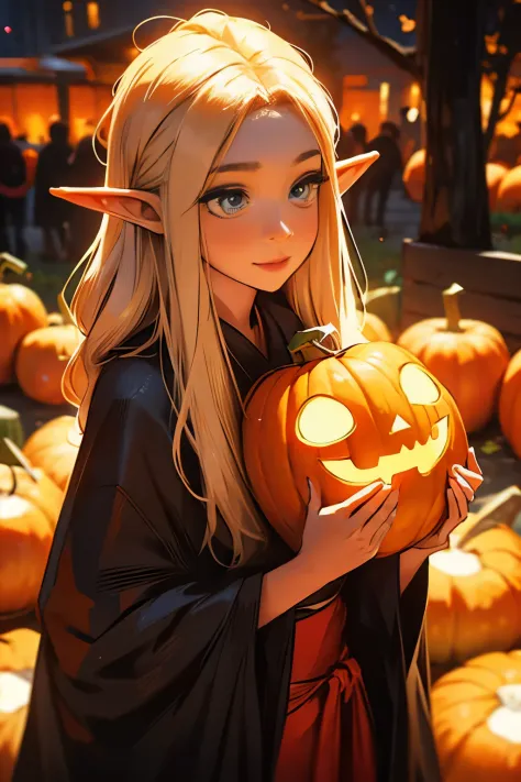 beautiful elf holding a pumpkin lantern