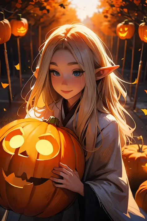 beautiful elf holding a pumpkin lantern