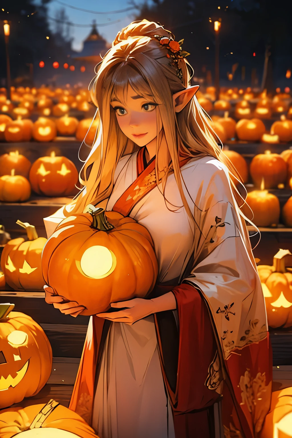 Beautiful elf holding a pumpkin lantern