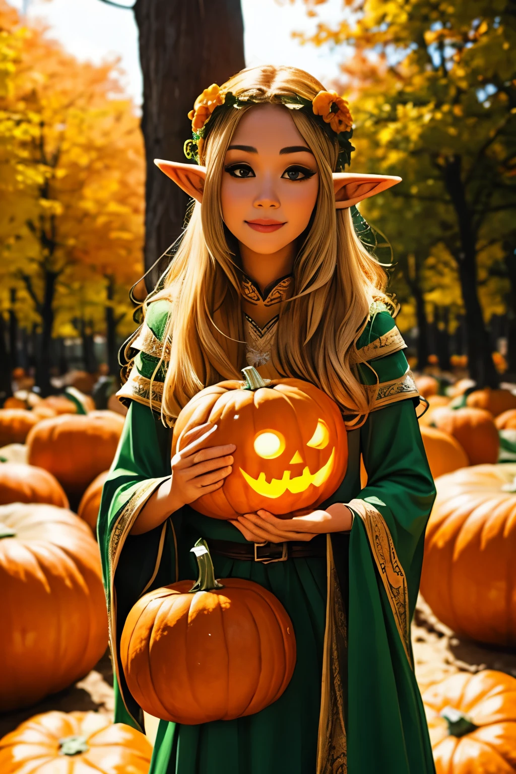 Beautiful elf holding a pumpkin lantern