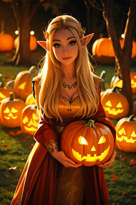 beautiful elf holding a pumpkin lantern