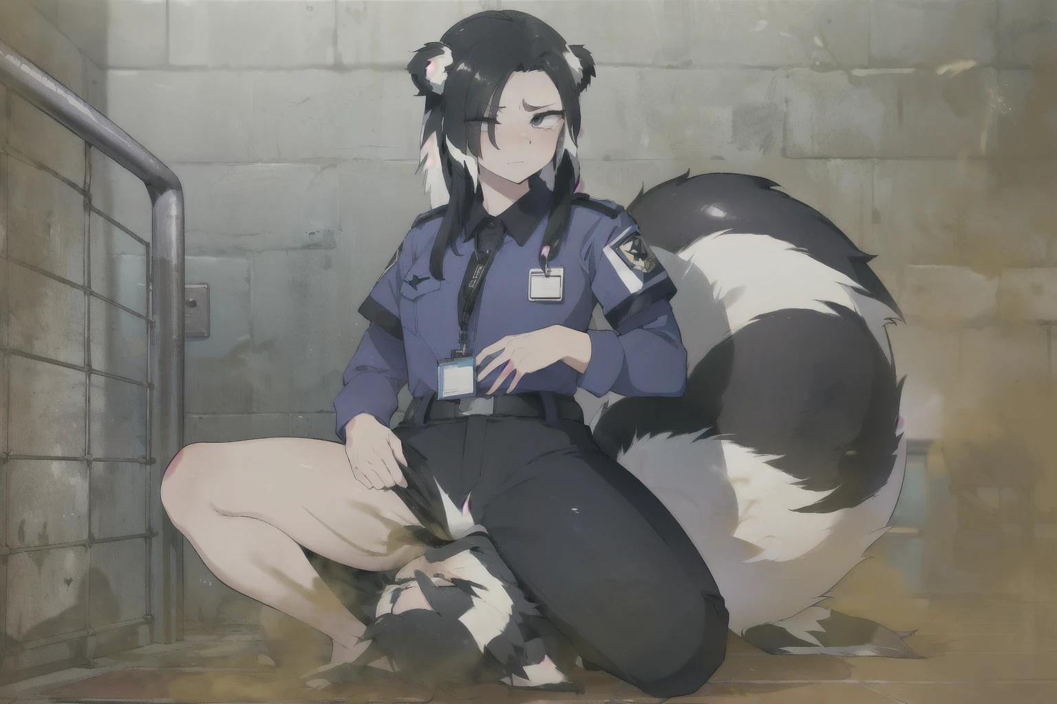 Anime character kneeling down with a dog in a cage - SeaArt AI