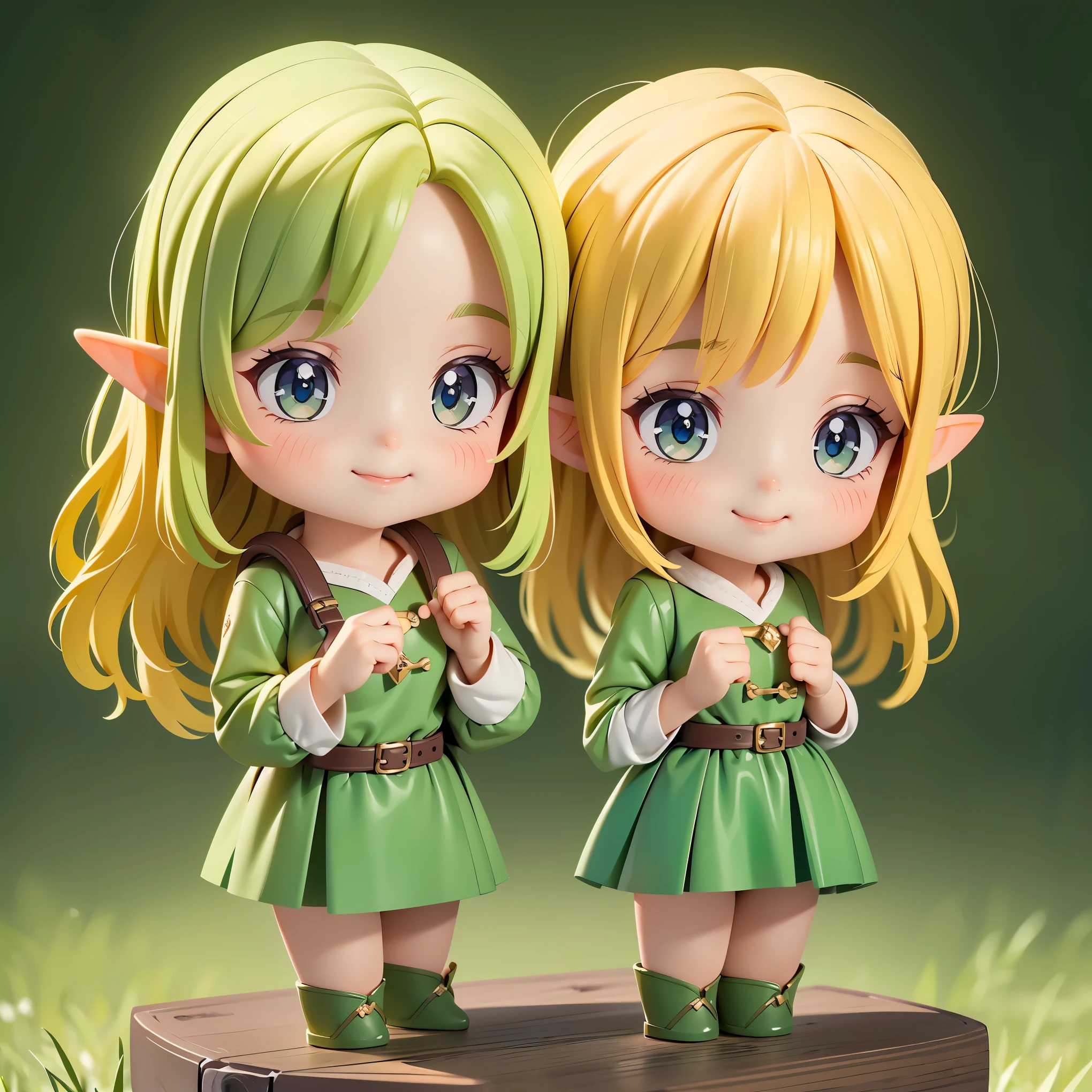 (8K, Live shooting, best quality, masterpiece:1.2), High-definition RAW color photo, professional photography, cinematic light, 1 female, solo, elf, (highly detailed diagram), high definition!!, ((elf)), blonde, ((Fairy dress)), green solid color background, ((blonde, shortcut)), slim loli figure, ((smile:1.2)), (pointed ears, elf), normal hip joint, Nendoroid, cowboy shot, (shiny costume), Nendoroid, beautiful skin, shiny skin, perfect fingers, five fingers, anatomically correct, background bokeh, high quality, surreal, bright colors, ((very detailed, photo shoot)), slim loli figure, Nendoroid,