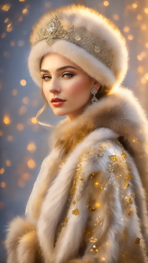 A woman in a beautiful light fur coat and fur hat , light silver glitter makeup, soft light,ethereal light tones and silver tone...