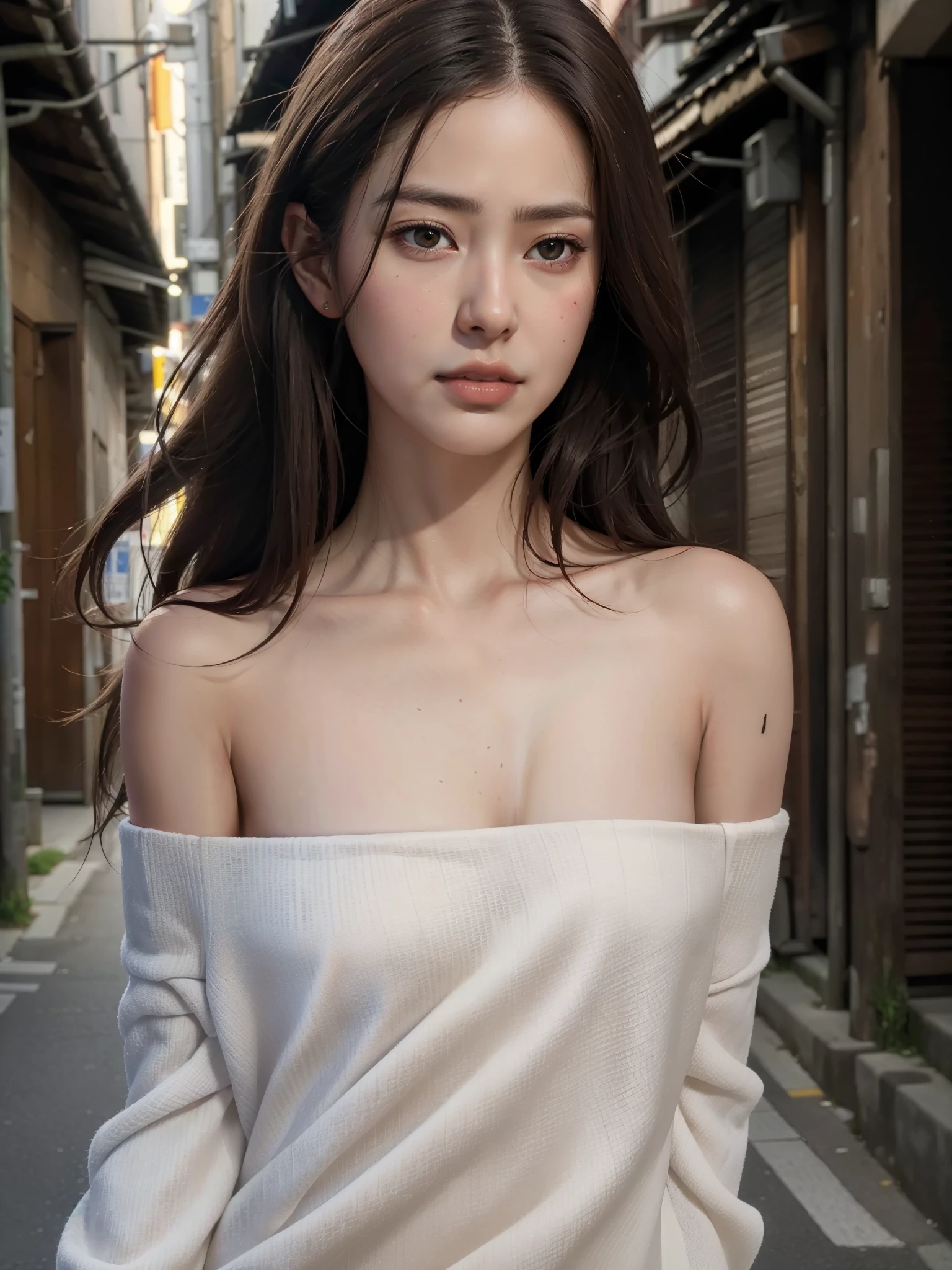 best quality, masterpiece, ultra high resolution, (lifelike:1.4), 1 girl, in the darkness, deep shadow, low profile,  (lifelike:1.4), slim, loose hair, Off the shoulders, Japanese streets and alleys, dynamic poses, face close-up