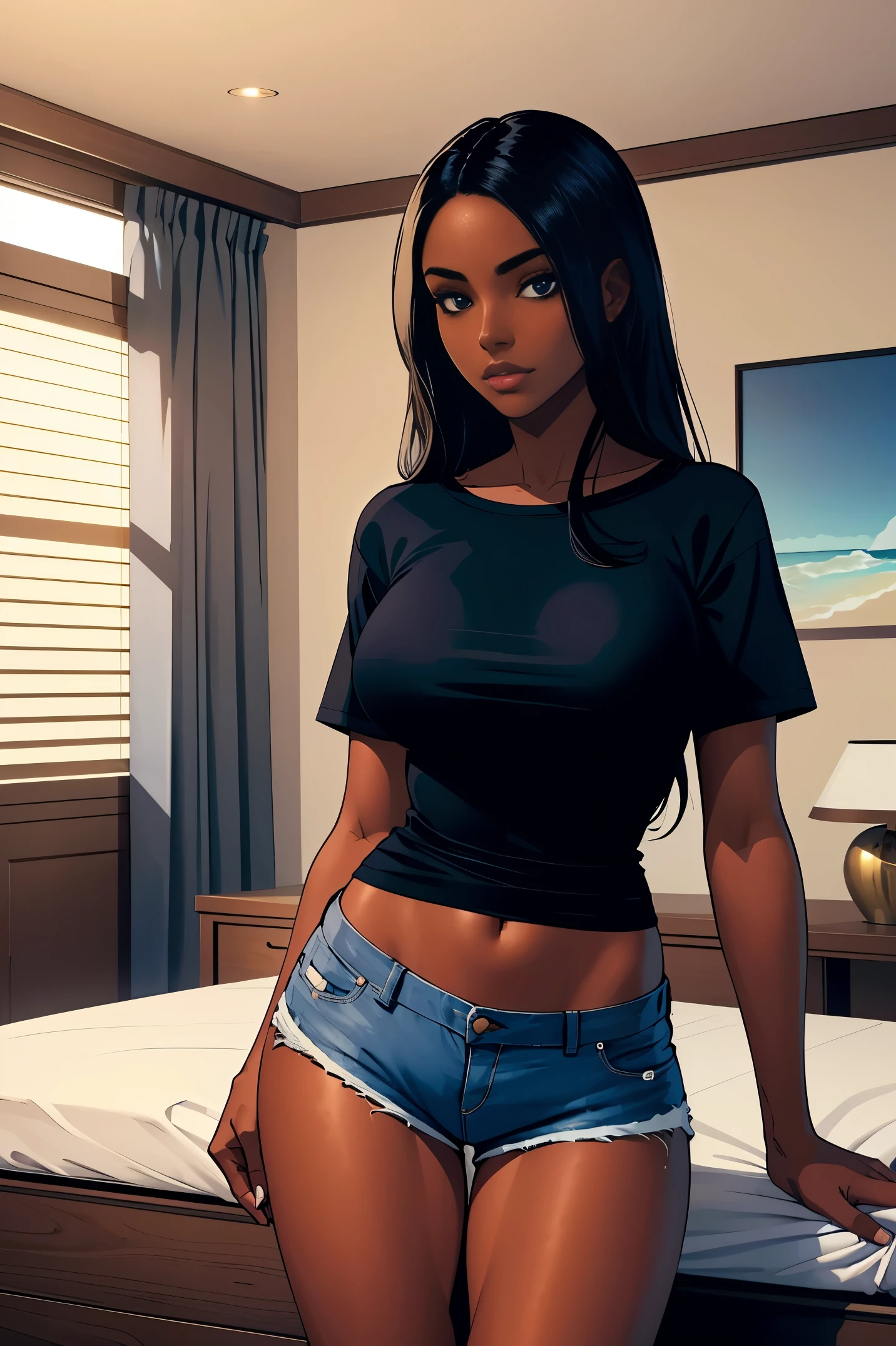 Dark skin young woman in a blue shirt, long black hair, luxury beach themed home interior and jean shorts