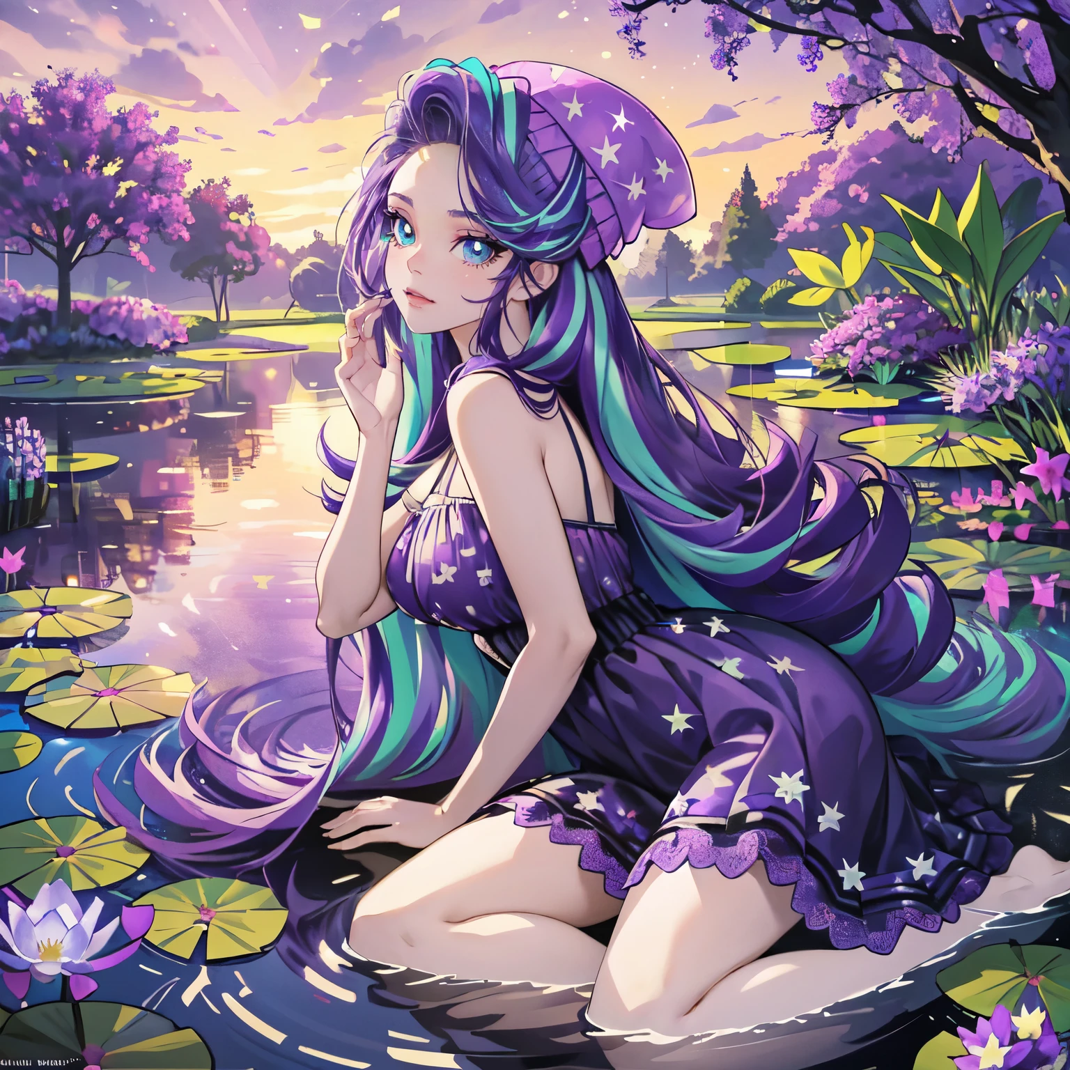 Lueur des étoiles, Lueur des étoiles from my little pony, Lueur des étoiles in the form of a young woman, gros seins, Seins luxuriants, deux tons de cheveux, cheveux turquoise et violet, dans un jardin, fleurs violettes et turquoise, seulement, un personnage, robe longue élégante turquoise et violette: 1.5, mince, yeux turquoise, doux sourire, belles plantes détaillées: 1.5, Jacarandas: 2.5, fleurs de lavande tous les: 1.5, purple beanie with turquoise étoiles: 1.5, so many connected ponds with nénuphars and flowers on it beautiful pond: 2.0,, nénuphars, des fleurs de lilas partout: 2.0, cheveux extrêmement longs, crépuscule: 2.0, Temps crépusculaire: 2.0, ciel du soir violet brillant, Ciel éthéré, haut de cuisse violet, legging très détaillé, elle est assise au bord des étangs, reflet sur l&#39;eau, étoiles, bright glowing shimmering étoiles, ambiance vibrante: 1.0, un paysage a couper le souffle: 2.0, Éclairage très détaillé:1.0, éclairage dramatique, tellement de feuillage, différentes variétés de fleurs colorées tout autour d&#39;elle, ces fleurs attirent les papillons, papillons très détaillés, ((one really mince purple straight horn on her forehead: 1.0)), deux oreilles de chat violet: 1.0,