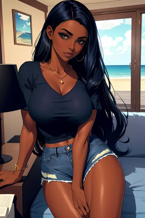 Dark skin young woman in a blue shirt, long black hair, luxury beach themed home interior and jean shorts