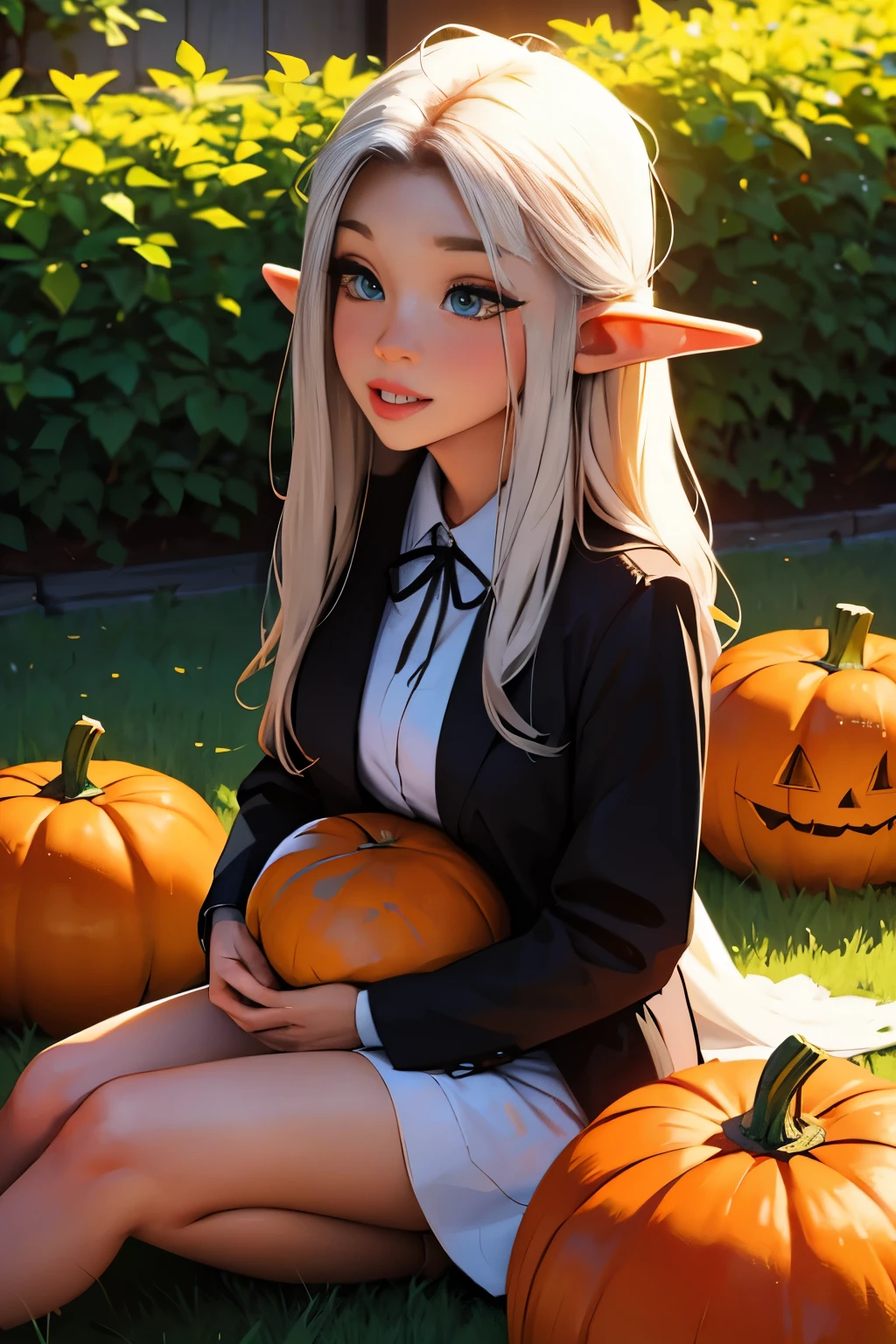 Beautiful elf holding a pumpkin lantern