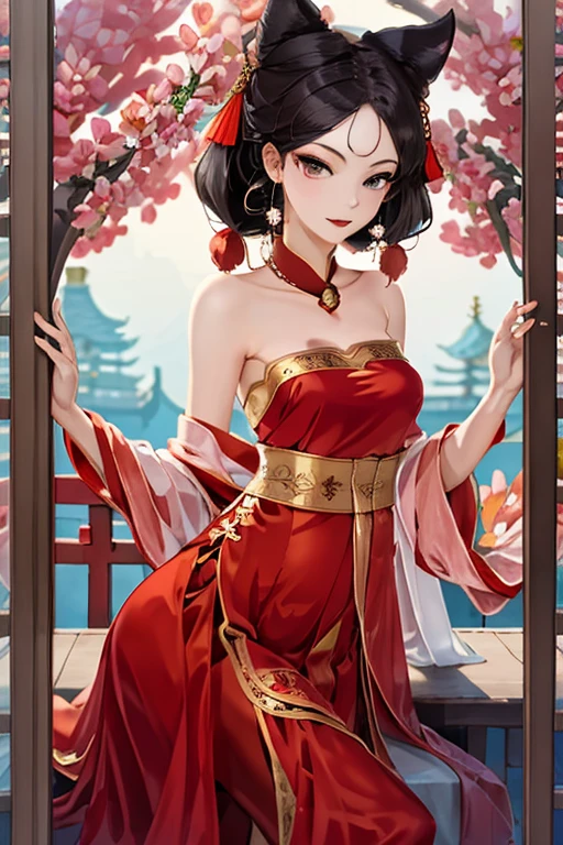 masterpiece,best quality,1 girl, daji, smille, red dress, chinese clothes, bare shoulders, pink earrings, floral, Gorgeous palaces, resplendent, red scarves  