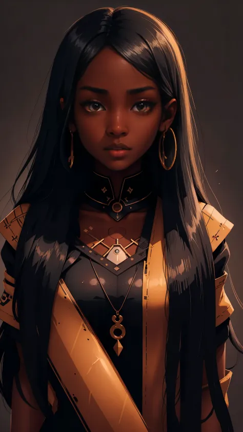 One Dark skin young woman with long jet black hair and clearly detailed big brown eyes, ebony nose, high quality, 2D, UHD,