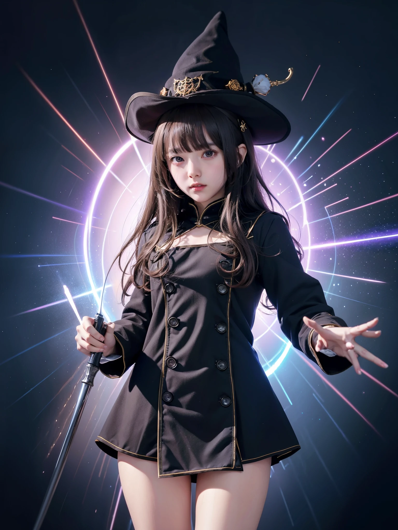 (Very detailed 8K wallpaper), A medium shot of the loli necromancer, particle illumination, high detail, dramatic, Gatling in hand, clean background, wearing wizard hat, The weapon at the top of the background has been removed