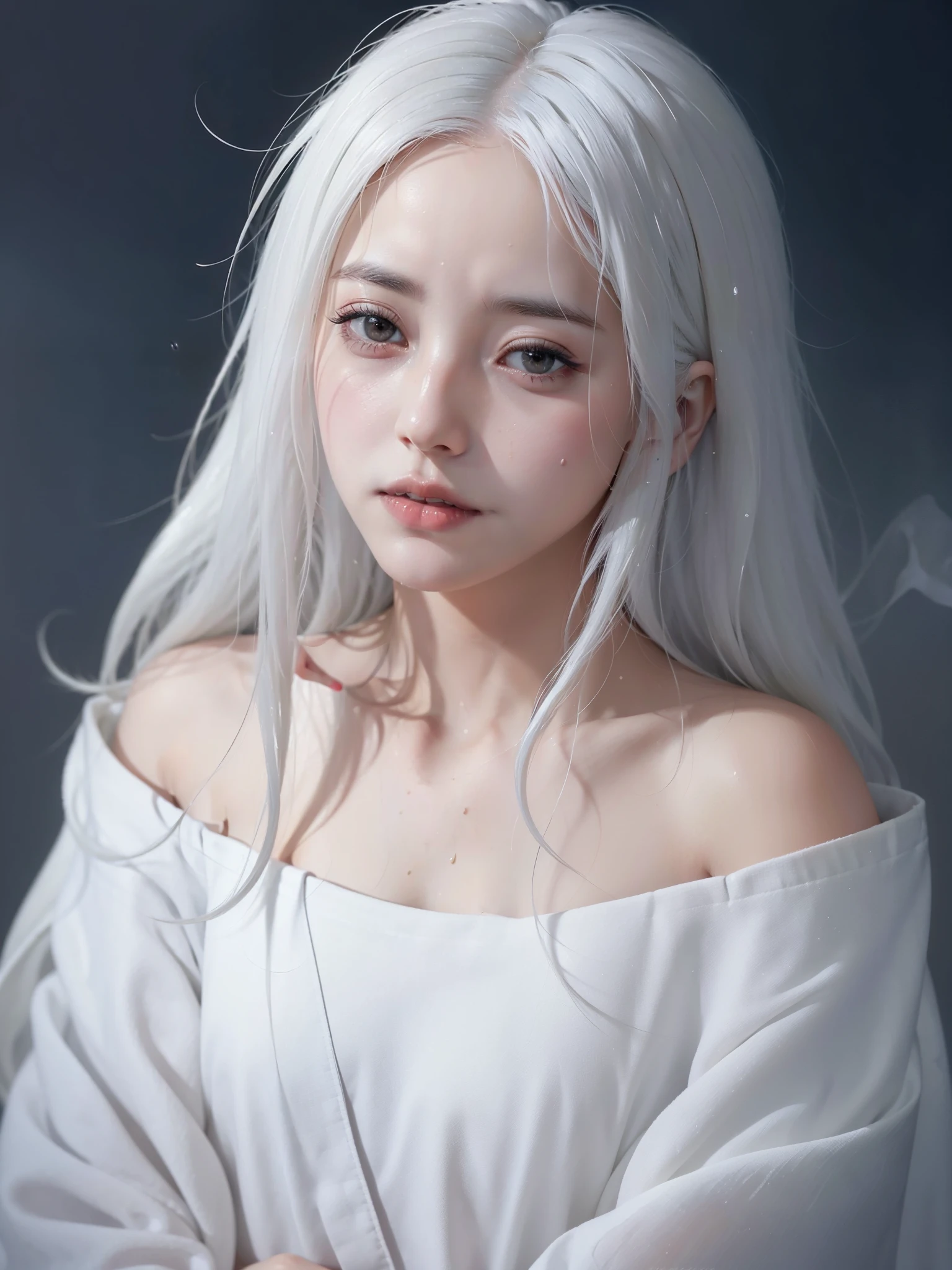 1 girl,alone,1 girl,alone,((Beautiful and delicate eyes)), (detail light),depth of field,(white hair),silver eyes,hair covering one eye,(safflower ), hair flower,long hair,black cloak,wet,emotionless,look back,night,Starfall,rain,FOG,safflowers falling,sketch,Upper body,intense shading,