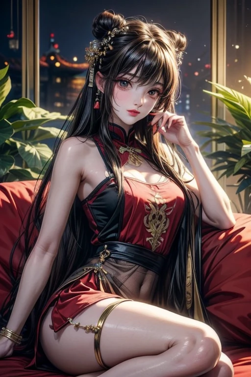 An artistic portrayal of the most beautiful goddess in China sitting on a throne,cross-legged,knee up, with bright lights shining in the background, in the style of light emerald and dark bronze, exquisite detail, mind-bending murals, exaggerated poses, richly layered, solapunk, arabesque,chinapunk