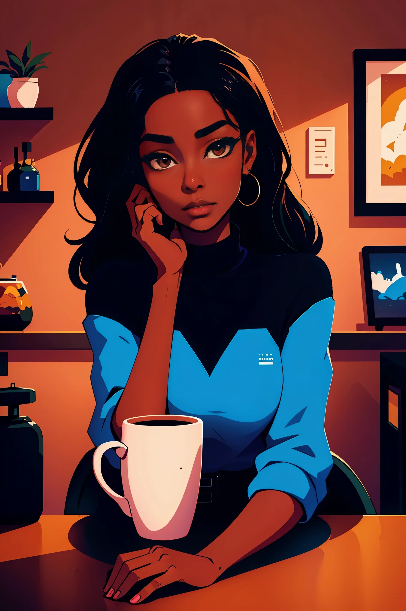 One Dark skin young woman with long jet black hair and clearly detailed big brown eyes, ebony nose, a solo small pink coffee mug sitting next to her on a counter top, looking at the viewer, high quality, 2D, UHD, modern interior living room, blue colors and muted tones in the interior 