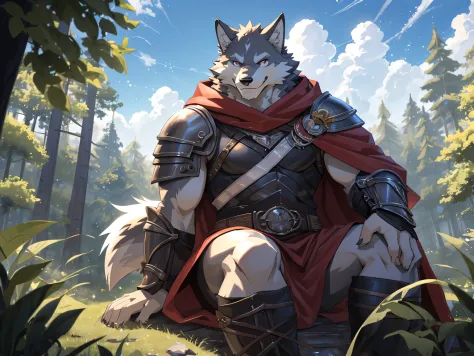 ((from below:1.3)), ((sitting on the front of the viewer:1.2)), looking at viewer, (background is wide view of blue sky with cloud at the forest:1.5), (a smile face :1.4), ((upper body :1.5)), Anthro((dramatic))epic, dynamic pose, One scene of movie, An ex...