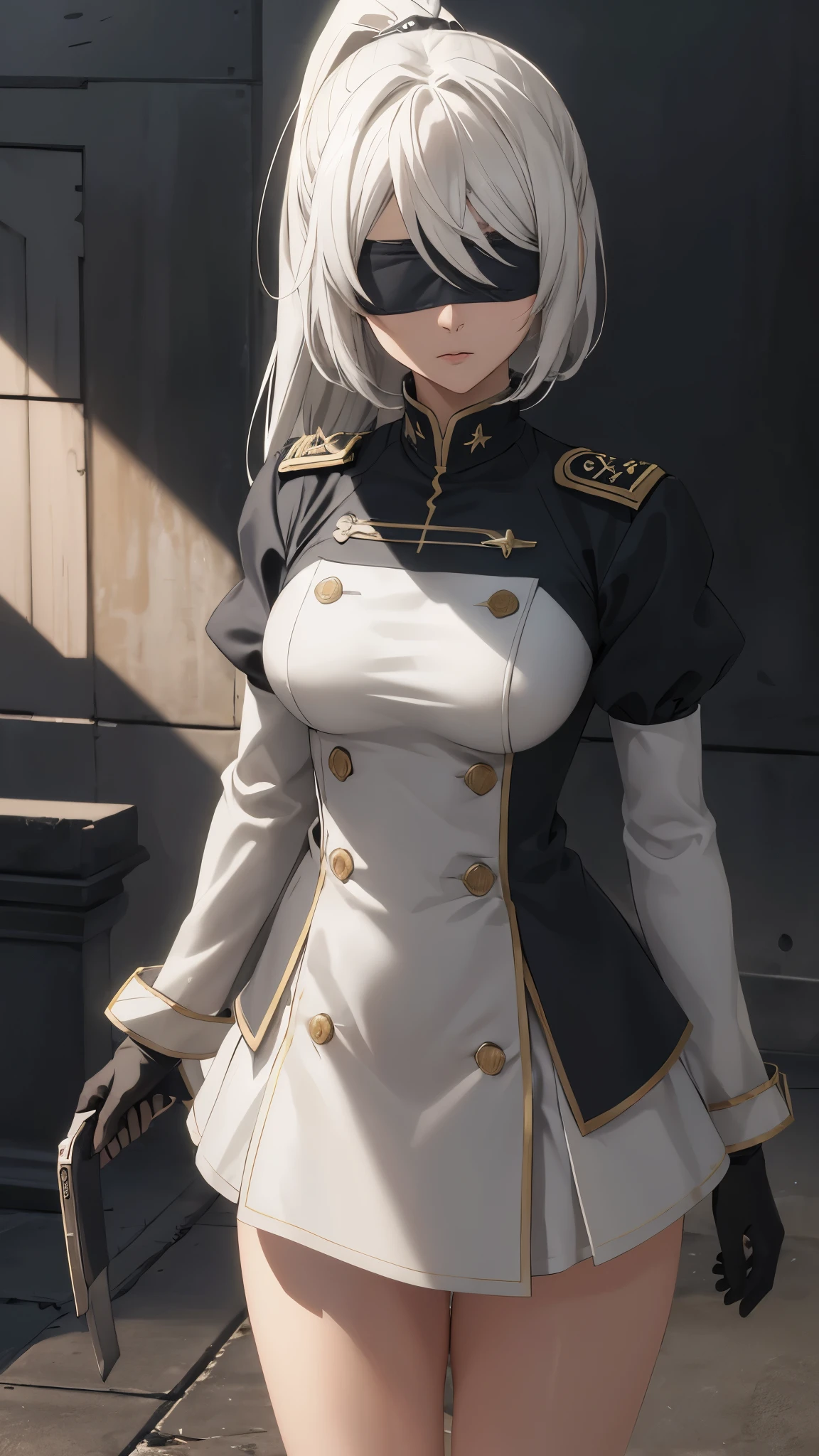 (extremely detailed CG unity 8k wallpaper), (masterpiece), (best quality), (ultra-detailed), (best illustration), (best shadow), (absurdres), 2b, 1girl, long hair, long ponytail, normal size boobs, white hair, blindfold solo, Intimidating women, admiral uniform, night, hero pose, white clothes, General Uniform, Military Uniform, Sunlight, exposed to sunlight,commander, cape, fighting, ((beautiful fantasy girl)), (Master Part: 1.2), Best Quality, High Resolution, photorealestic, photogenic, Unity 8k壁纸, perfect lighting, (perfect arms, perfect anatomy) beatiful face, intricate details, Detalhes realistas, the anime, The Perfect Girl, perfect details, Ultra HD |, 8K, Professional photo(extremely detailed CG unity 8k wallpaper), (masterpiece), (best quality), (ultra-detailed), (best illustration), (best shadow), (absurdres), 2b, 1girl, long hair, long ponytail, normal size boobs, white hair, blindfold solo, Intimidating women, admiral uniform, night, hero pose, white clothes, General Uniform, Military Uniform, Sunlight, exposed to sunlight, commander, black clothes, sunkissed, sunset background