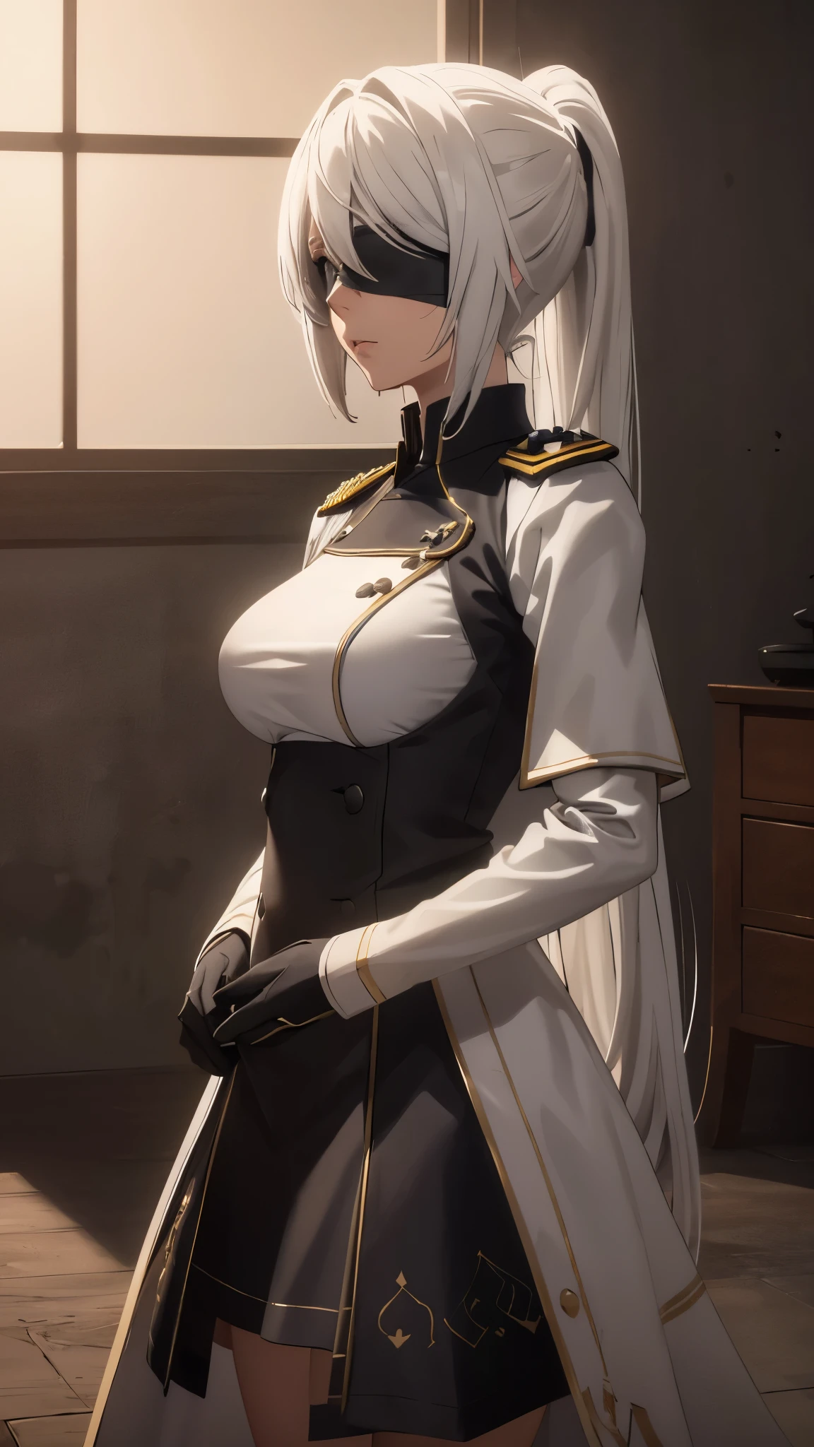 (extremely detailed CG unity 8k wallpaper), (masterpiece), (best quality), (ultra-detailed), (best illustration), (best shadow), (absurdres), 2b, 1girl, long hair, long ponytail, normal size boobs, white hair, blindfold solo, Intimidating women, admiral uniform, night, hero pose, white clothes, General Uniform, Military Uniform, Sunlight, exposed to sunlight,commander, cape, fighting, ((beautiful fantasy girl)), (Master Part: 1.2), Best Quality, High Resolution, photorealestic, photogenic, Unity 8k Wallpaper, perfect lighting, (perfect arms, perfect anatomy) beatiful face, intricate details, lifelike details, the anime, The Perfect Girl, perfect details, ultra HD |, 8k, Professional photo(extremely detailed CG unity 8k wallpaper), (masterpiece), (best quality), (ultra-detailed), (best illustration), (best shadow), (absurdres), 2b, 1girl, long hair, long ponytail, normal size , white hair, blindfold solo, Intimidating women, admiral uniform, night, hero pose, white clothes, General Uniform, Military Uniform, Sunlight, exposed to sunlight, commander, black clothes, sunkissed, sunset background