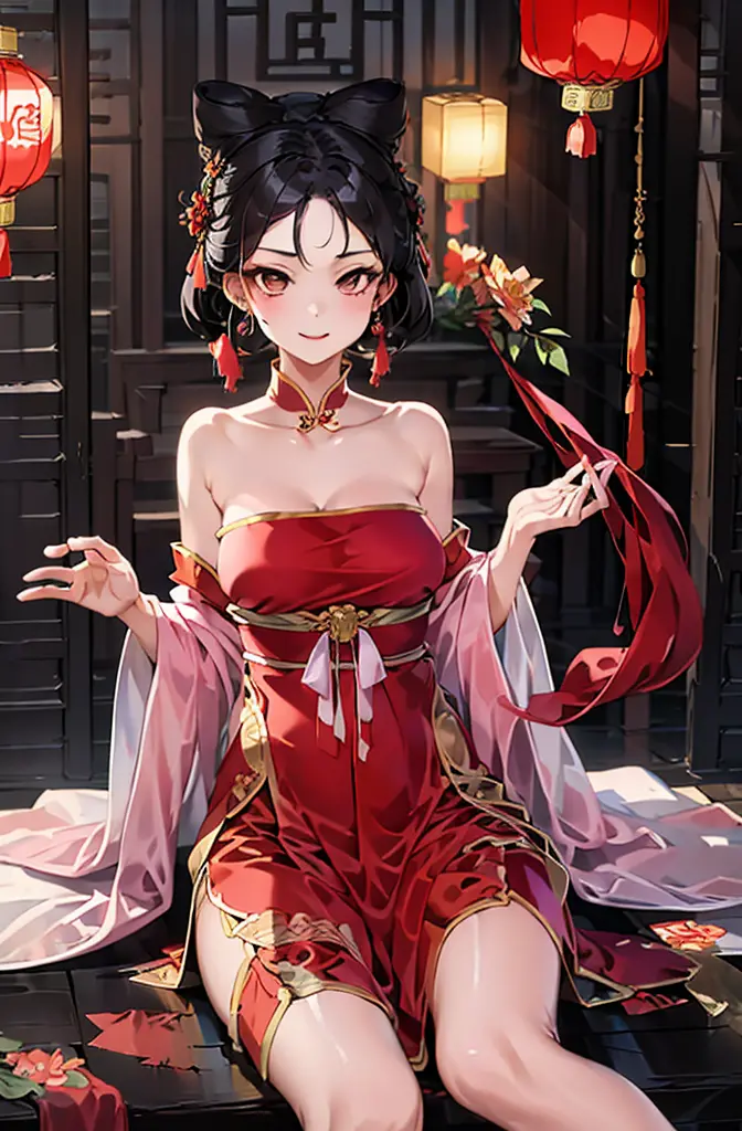 masterpiece,best quality,1 girl, daji, smille, red dress, chinese clothes, bare shoulders, pink earrings, floral, Gorgeous palac...