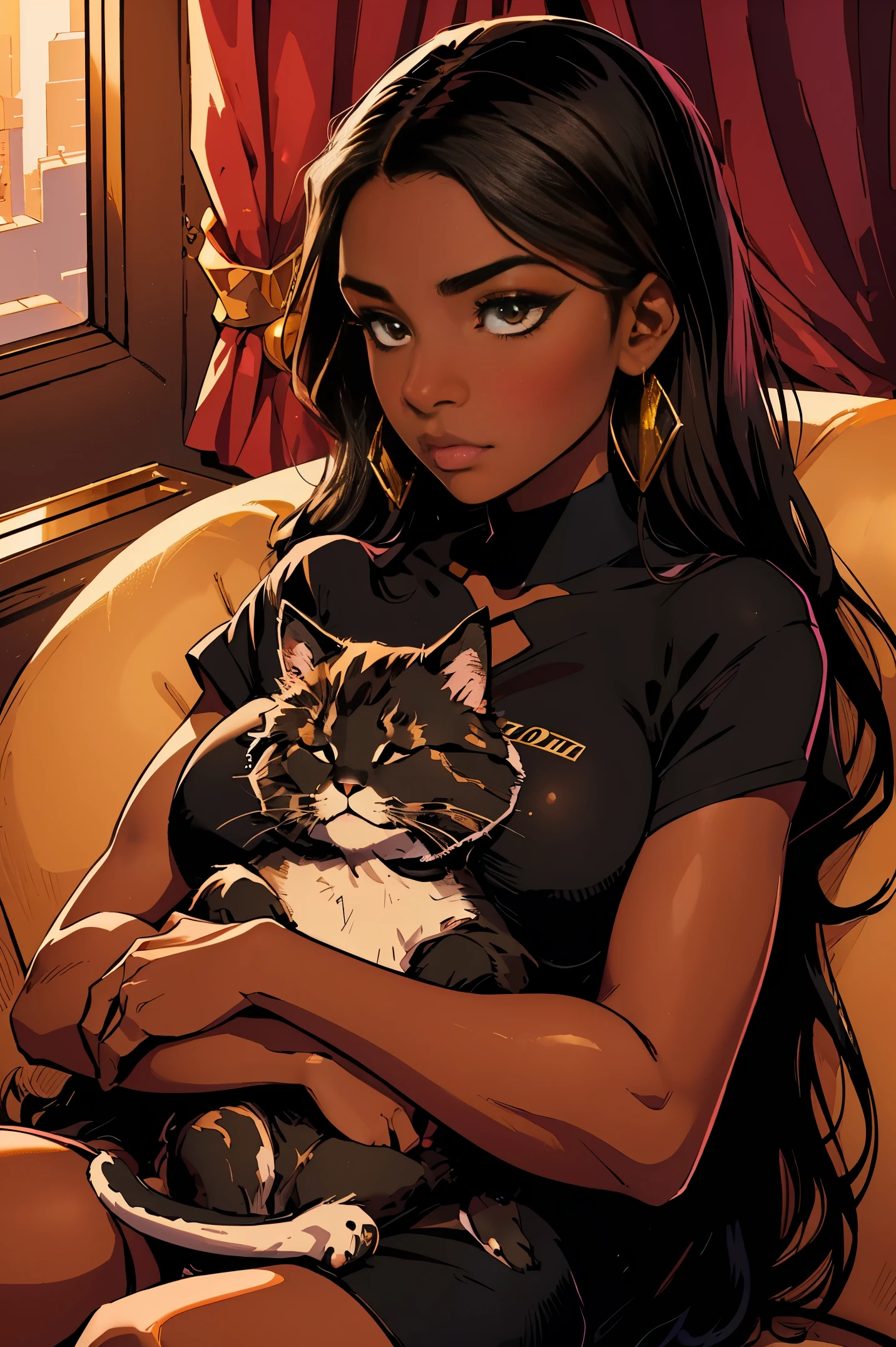 One Dark skin young woman with long jet black hair and clearly detailed big brown eyes, oval face,ebony nose, holding one small pink gold coffee mug while her black pet Maine coon kitten sleeps next to her on a couch, high quality, 2D, UHD,