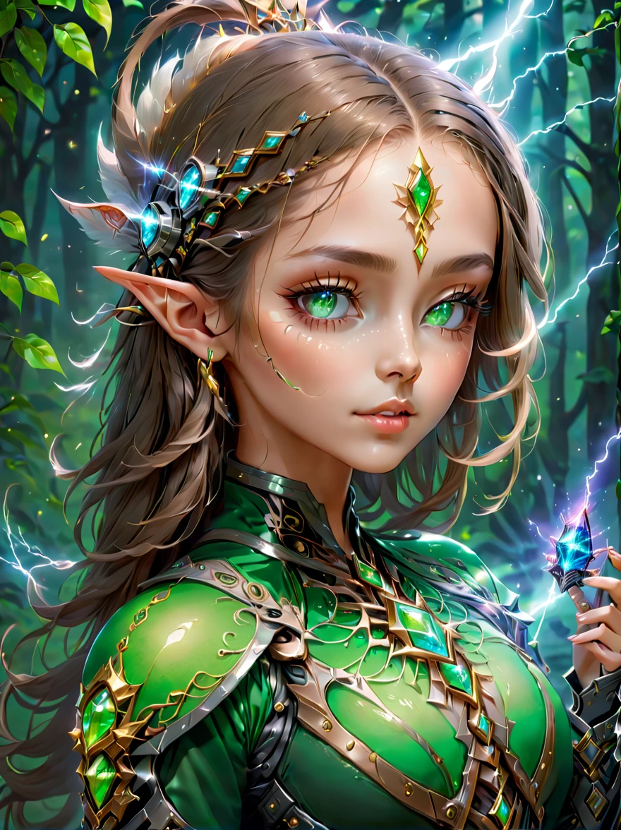(portrait)，cowboy shot, portrait of a female elf，Unique blend of magical and futuristic mechanical themes，((Showing off her enchanting beauty while holding a mechanical gemstone wand and casting lightning magic))。Her facial features are very beautiful，Pointy ears and charming eyes，Complements flowing hair。(The costume she wears combines traditional elf clothing with futuristic technological mechanical elements.:1.3)，Symbolizing the intersection of magic and technology。The background blends a mysterious forest with subtle futuristic sci-fi elements，Enhanced with unique themes。Her expression  confident and powerful，Capturing the grace and power of mythical spirits。Psychedelic stage，ethereal atmosphere, (anatomically correct, Exquisite face makeup , pretty face, Perfect face proportions), （anatomically correct，Accurate and perfect hands，Detailed finger description，Delicate fingereautiful 5 woman fingers，Nice fingers），（Advanced facial details：1.1），1.4x more realism，movie lighting, Sony FE , wide angle, First-person perspective, 8k, ultra high definition, masterpiece, Acura, textured skin, high detail, best quality, Award-winning，Photographed from a distance，Sense of distance