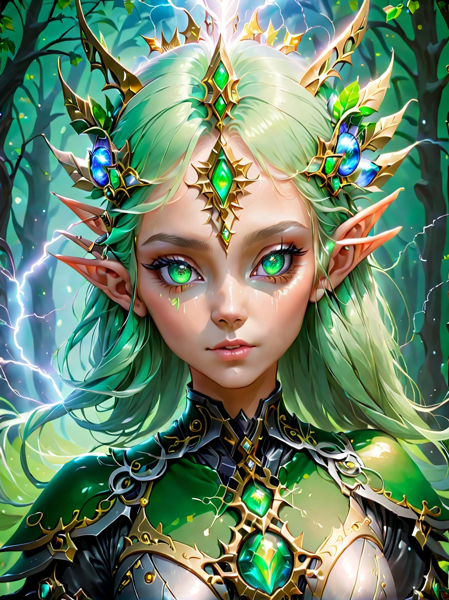 (portrait)，cowboy shot, portrait of a female elf，Unique blend of magical and futuristic mechanical themes，((Showing off her enchanting beauty while holding a mechanical gemstone wand and casting lightning magic))。Her facial features are very beautiful，Pointy ears and charming eyes，Complements flowing hair。(The costume she wears combines traditional elf clothing with futuristic technological mechanical elements.:1.3)，Symbolizing the intersection of magic and technology。The background blends a mysterious forest with subtle futuristic sci-fi elements，Enhanced with unique themes。Her expression  confident and powerful，Capturing the grace and power of mythical spirits。Psychedelic stage，ethereal atmosphere, (anatomically correct, Exquisite face makeup , pretty face, Perfect face proportions), （anatomically correct，Accurate and perfect hands，Detailed finger description，Delicate fingereautiful 5 woman fingers，Nice fingers），（Advanced facial details：1.1），1.4x more realism，movie lighting, Sony FE , wide angle, First-person perspective, 8k, ultra high definition, masterpiece, Acura, textured skin, high detail, best quality, Award-winning，Photographed from a distance，Sense of distance，((Elf eyes looking at the audience:1.5))
