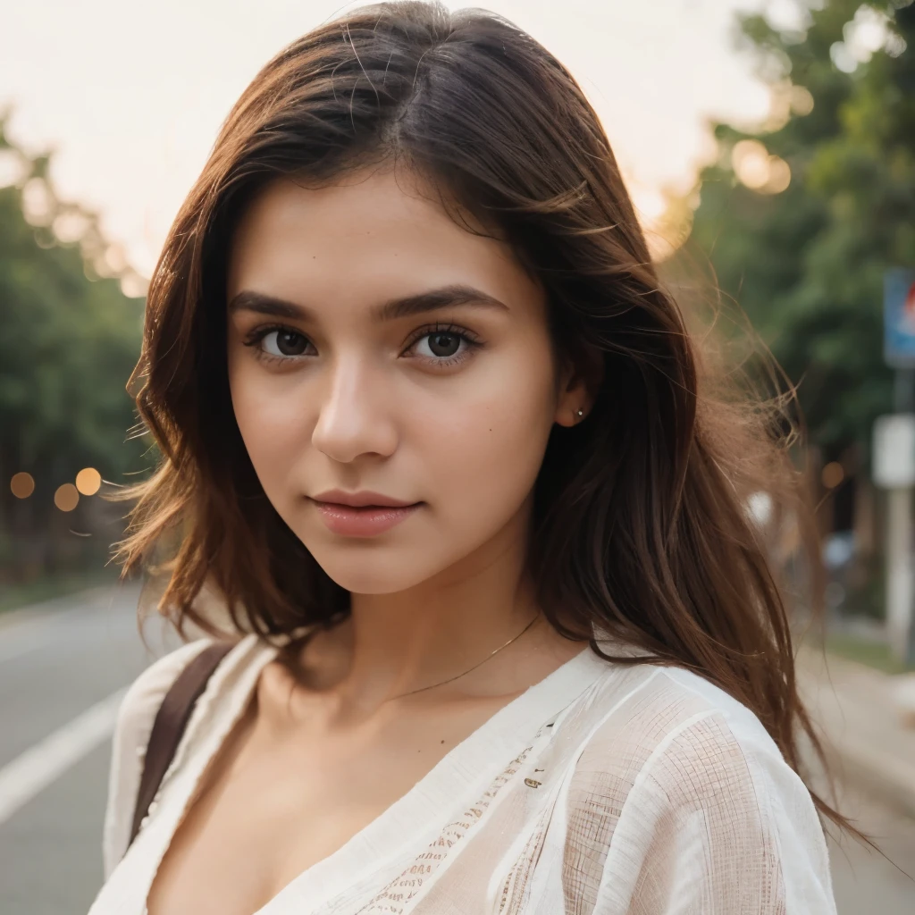 A close up of a woman with long hair standing on a street - SeaArt AI