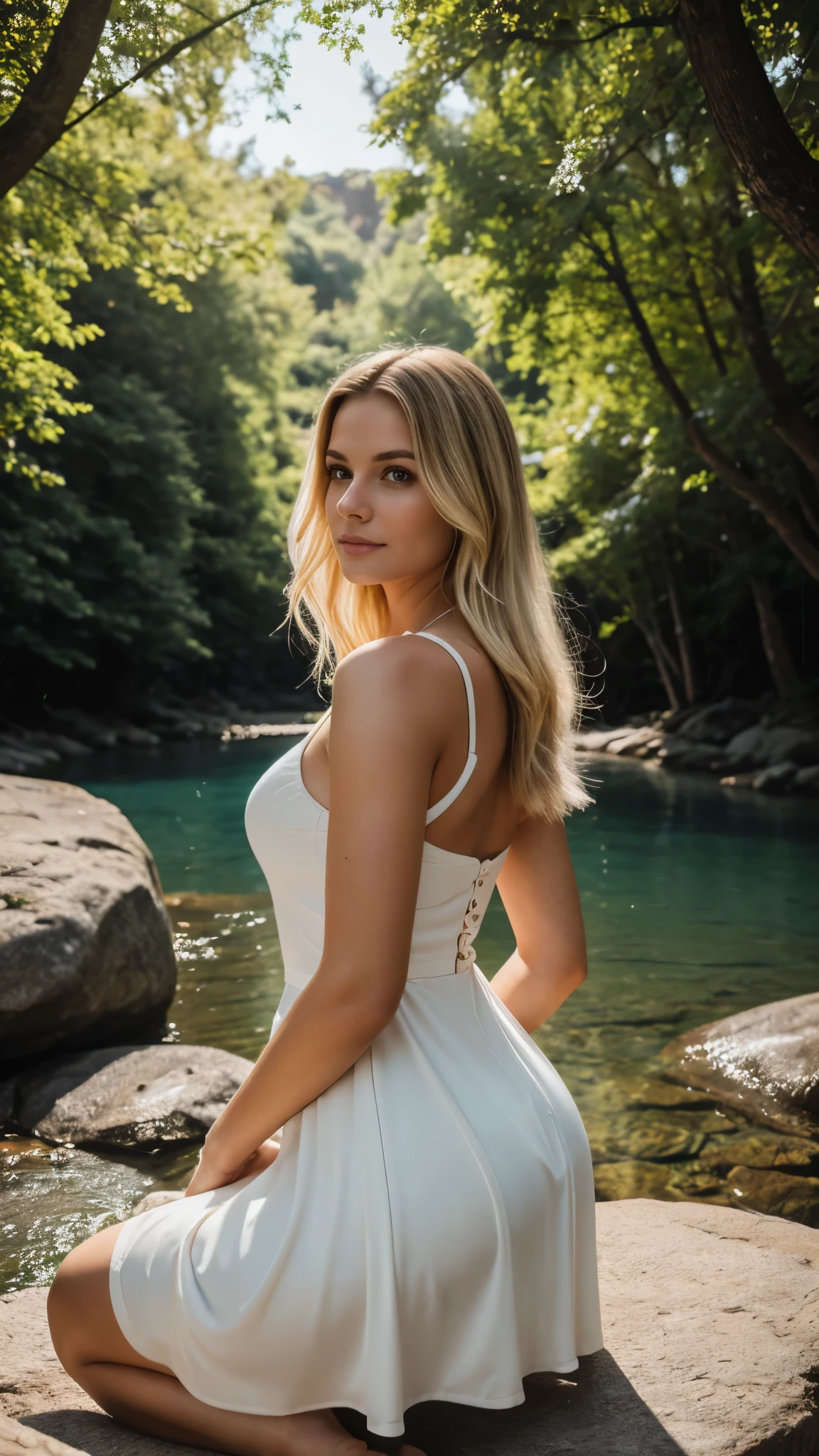 Close-up shot, a beautiful blonde woman kneeling and staring into a stone bowl of azure water, looking away from viewer, outside, idyllic setting, sunlight filtered through the trees, wearing a diaphanous dress, beautifully lit, dramatic composition, epic scale, sense of awe, ultra-high res. photorealistic:.1.4, (high detailed skin:1.2), 8k uhd, dslr, high quality, film grain, Fujifilm XT3