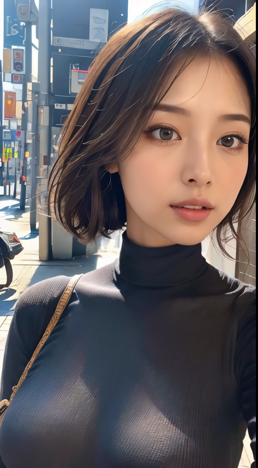 (turtleneck sweater、Shoulder bag)、(highest quality,masterpiece:1.3,ultra high resolution,),(super detailed,caustics),(realism:1.4,RAW shooting,)ultra-realistic capture,very detailed,HD 16K human skin、 natural skin texture、、skin looks healthy、Uniform complexion、 Use natural light and color,A Woman Who ,Japanese,,cute,Brunette's,(Depth of bounds written、color difference、Short to medium hair、wide range of lighting、natural shadow、)、(hair swaying in the wind:1.2)、Tokyo cityscape