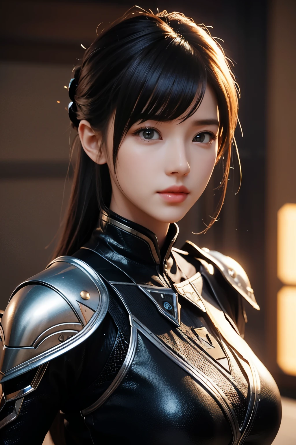 Game art，The best picture quality，Highest resolution，8K，((A bust photograph))，((Portrait))，(Rule of thirds)，Unreal Engine 5 rendering works， (The Girl of the Future)，(Female Warrior)，22-year-old girl，(Hair random)，(A beautiful eye full of detail)，(Big breasts)，Elegant and charming，Smile，(frown)，(Clothes full of futuristic sci-fi style，Sweater，A delicate pattern，Glittering jewels，Armor，White and red)，Cyberpunk Characters，Future Style， Photo poses，Street background，Movie lights，Ray tracing，Game CG，((3D Unreal Engine))，oc rendering reflection pattern