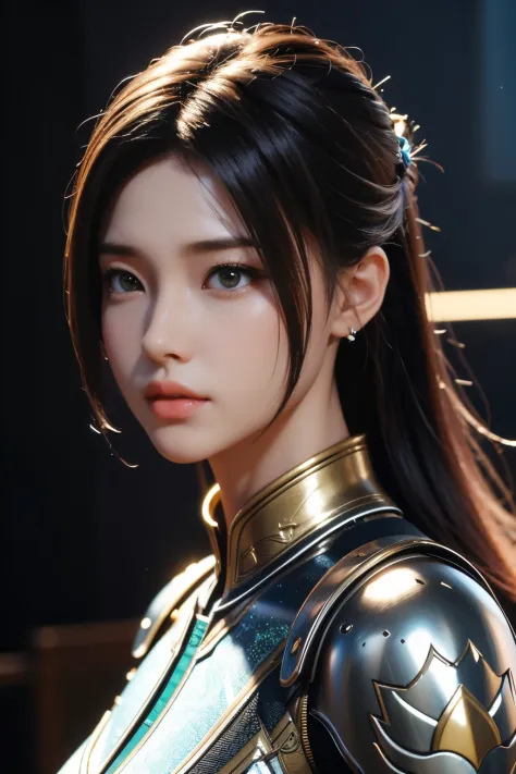 Game art，The best picture quality，Highest resolution，8K，((A bust photograph))，((Portrait))，(Rule of thirds)，Unreal Engine 5 rendering works， (The Girl of the Future)，(Female Warrior)，22岁少女，(Hair random)，(A beautiful eye full of detail)，(Big breasts)，优雅迷人，微...