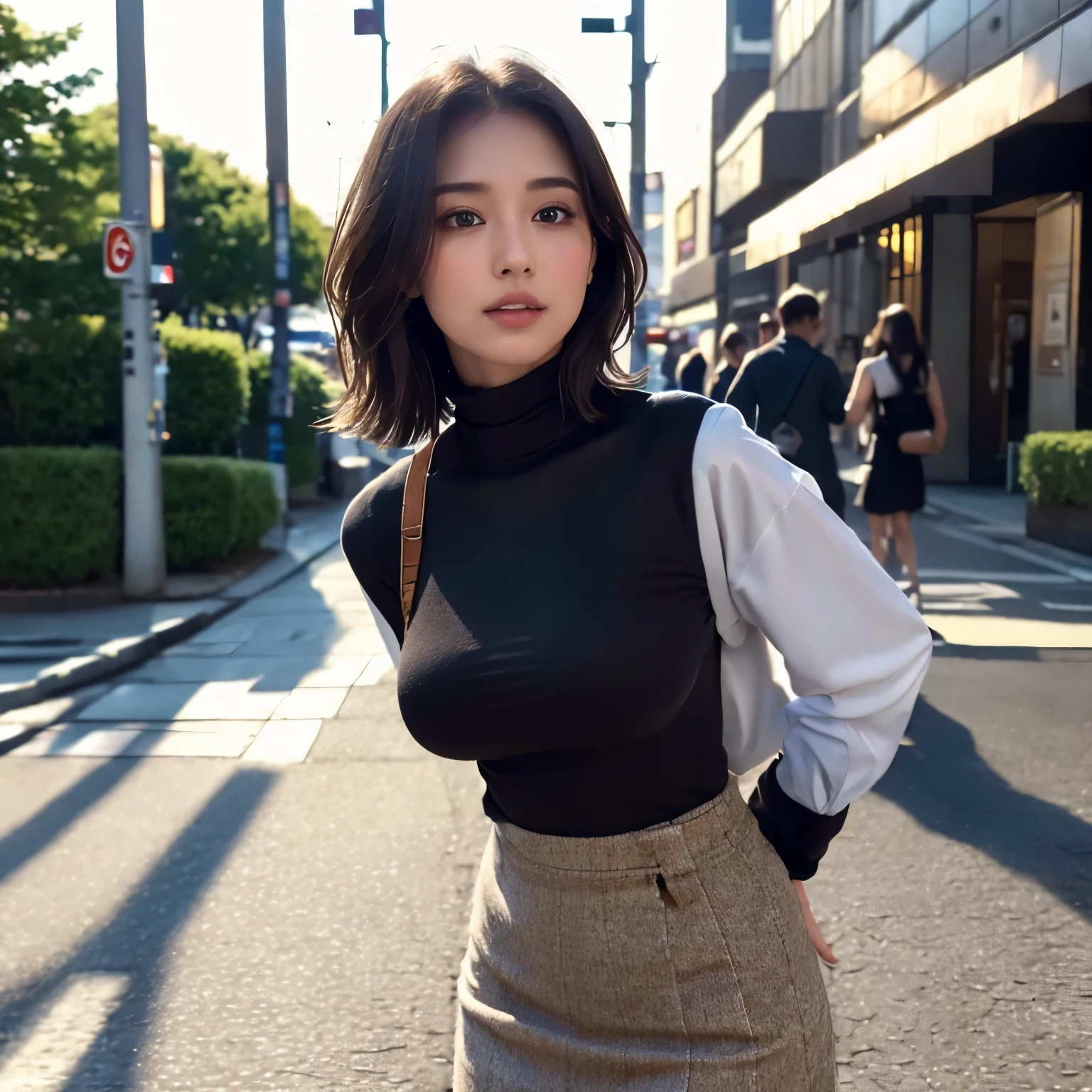 (turtleneck sweater、skirt)、(highest quality,masterpiece:1.3,ultra high resolution,),(super detailed,caustics),(realism:1.4,RAW shooting,)ultra-realistic capture,very detailed,HD 16K human skin、 natural skin texture、、skin looks healthy、Uniform complexion、 Use natural light and color,A Woman Who ,Japanese,,cute,Brunette's,(Depth of bounds written、color difference、Short to medium hair、wide range of lighting、natural shadow、)、(hair swaying in the wind:1.2)、Tokyo cityscape