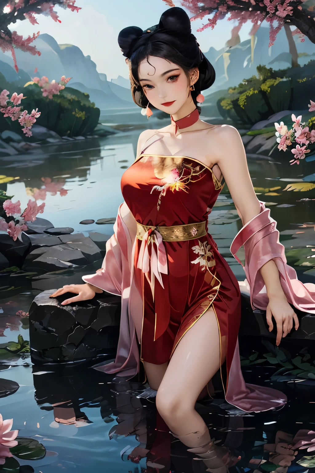 masterpiece,best quality,1 girl, daji, smille, red dress, chinese clothes, bare shoulders, pink earrings,embroidered robe with exquisite details, gentle and demure disposition, flowers ,flowing water , reflection,  