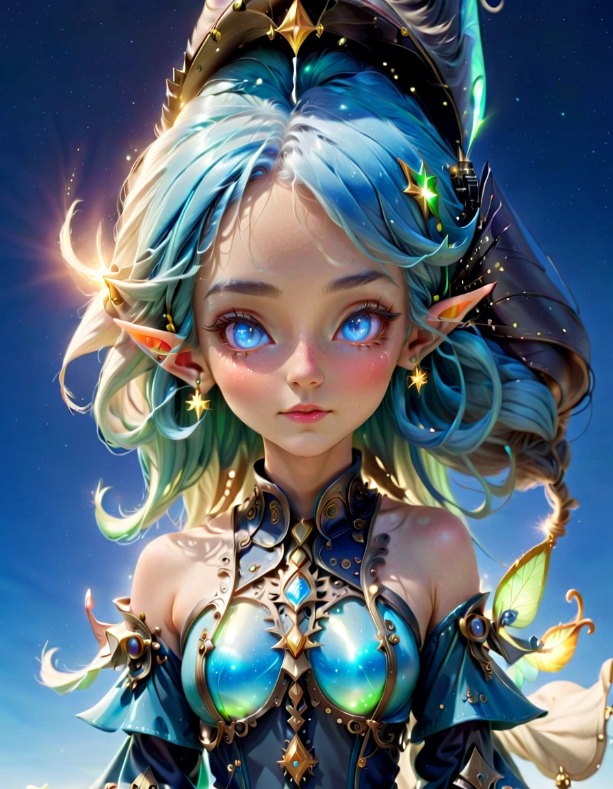 (portrait:1.5)，cowboy shot, ((1 glowing magical and cute female elf，Her facial features are very beautiful，Pointy ears and charming eyes，Complements flowing hair。The costume she wears combines traditional elf clothing with futuristic technological mechanical elements.:1.3))，((Sing with microphone)), ((Syllable symbols floating in the air))，christmas ornaments, shiny, floating particles，Yuki，blue sky, 8k, rainbow colors, kawaii, cute big breasts, The art of math, high quality, very detailed, 3 rendering，Bright colors minimalist style，disney style，translucent