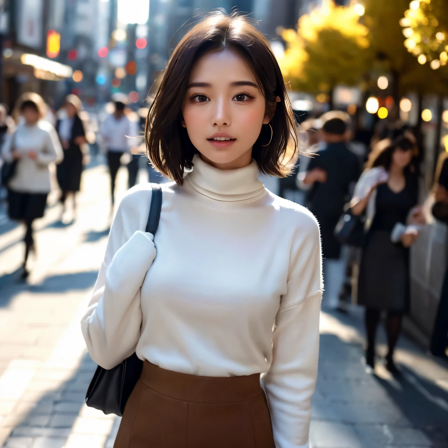 (turtleneck sweater、skirt)、(highest quality,masterpiece:1.3,ultra high resolution,),(super detailed,caustics),(realism:1.4,RAW shooting,)ultra-realistic capture,very detailed,HD 16K human skin、 natural skin texture、、skin looks healthy、Uniform complexion、 Use natural light and color,A Woman Who ,Japanese,,cute,Brunette's,(Depth of bounds written、color difference、Short to medium hair、wide range of lighting、natural shadow、)、(hair swaying in the wind:1.2)、Tokyo cityscape