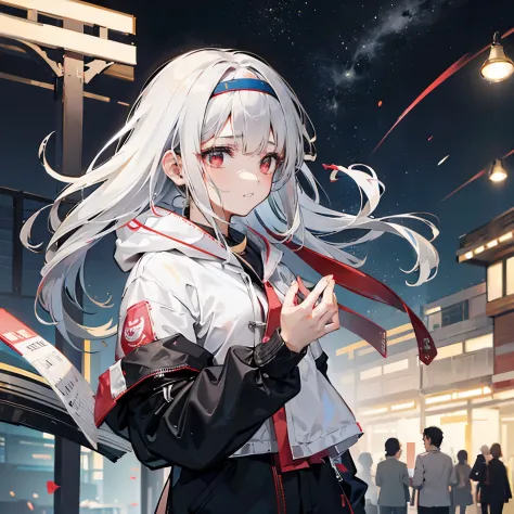 (Xiangyu，a girl at night)Silver coat，Delicate and soft，Hands in pockets，Unique temperament，white hair，red eyes